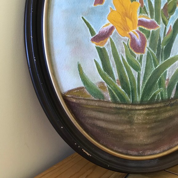 Original Watercolor Painting Red Heart Yellow Iris Flower Oval Frame Skye Henkel - Picture 5 of 7